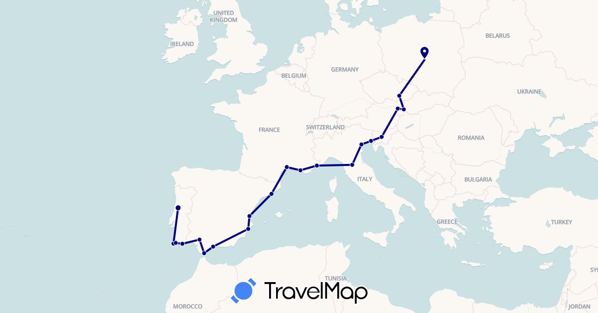 TravelMap itinerary: driving in Austria, Czech Republic, Spain, France, Italy, Poland, Portugal, Slovenia, Slovakia (Europe)